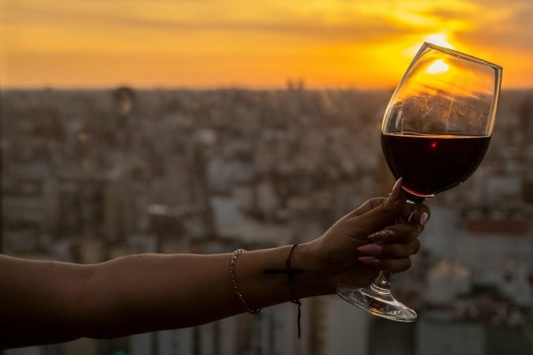 A hand holding a glass of wine against the stunning sunset skyline of Buenos Aires, Argentina.